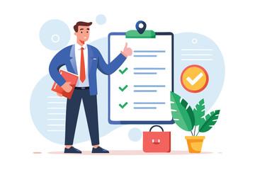 Smiling man with checklist and briefcase suit clipboard