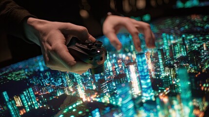 Hands Using a Controller on a Futuristic Interactive Cityscape Display