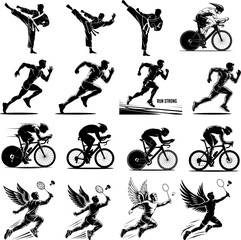 Silhouette Sports Icons Set &ndash; Running, Cycling, Martial Arts, Badminton, and Fitness Illustrations