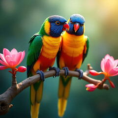 Colorful Parrots on a Branch with Blossoms