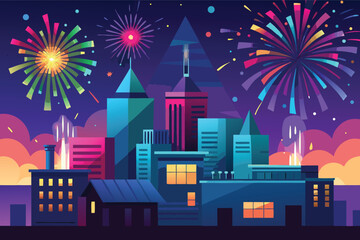 Fototapeta premium Vibrant cityscape with fireworks celebration