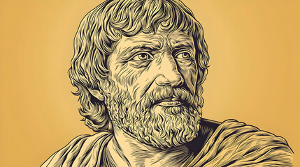 Fototapeta premium Close-up portrait of a man, likely from antiquity, with a thoughtful expression, depicted in line art style against a muted gold background. 