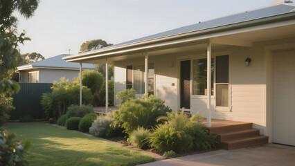 Single-story house with a porch and well-maintained garden under sunny skies