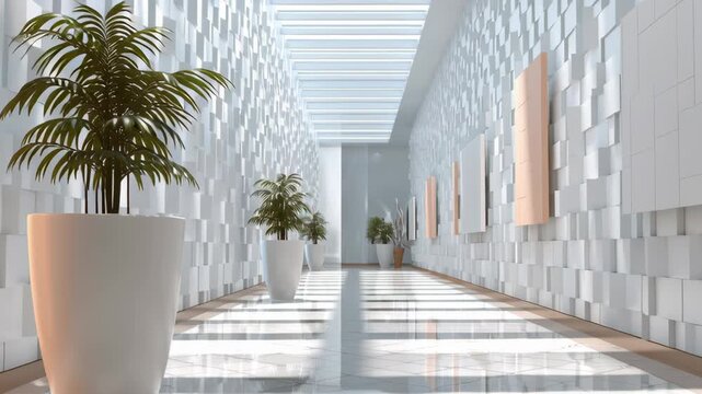Modern digital office hallway interior with bright natural light, signage textured walls, and plant pot creating clean, calm, professional atmosphere