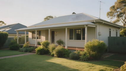 Single-story house with a well-maintained garden and solar panels on the roof