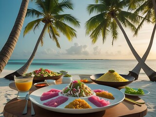 Obraz premium Tropical Beach Dinner Sunset Feast. (1)