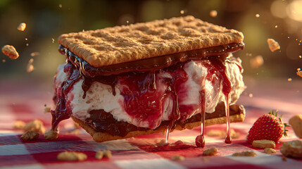 Indulgent Dessert with Ice Cream, Chocolate, and Strawberry Syrup
