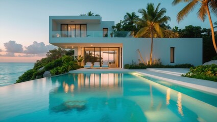 Fototapeta premium Stunning modern villa with infinity pool overlooking ocean and tropical palms at sunset creating luxury vacation lifestyle atmosphere.