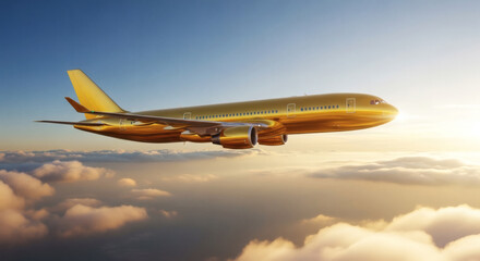 Naklejka premium Photograph of a sleek, golden commercial airplane flying through a sea of fluffy, white clouds at sunset, with a clear sky backdrop.