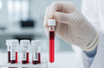 A gloved hand holds a vial of red liquid, likely a blood sample, against a blurred laboratory backdrop, suggesting medical or scientific research.