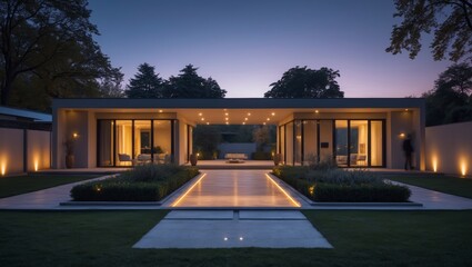 Elegant contemporary house with minimalist architecture is beautifully lit at dusk, showcasing the modern design and landscaping details perfectly.