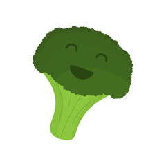 Happy broccoli character. Cute funny vegetable with happy smile.  Veggie food emotion, expression in cartoon style. Healthy organic food concept. Colored flat vector illustration