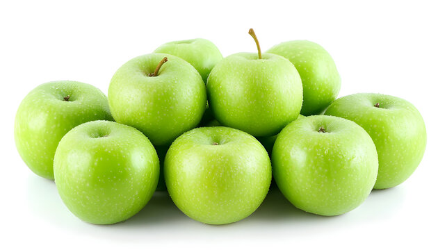 A pile of green apples on a white background