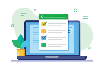Laptop with checklist and green plant task list completed tasks