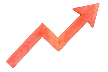 Red watercolor upward arrow showing positive trend, growth and success, with transparent background