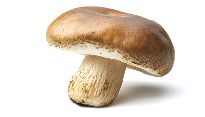 Fototapeta premium Close-up of a single whole fresh brown chestnut mushroom isolated on a white background, showing its smooth cap and hard stem.