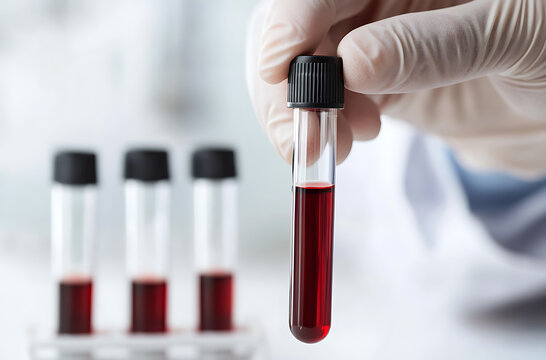 Blood sample analysis in laboratory. Lab technician holding test tube with blood. Medicine and science concept. - Powered by Adobe