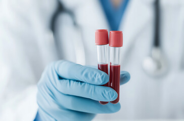 Blood Sample Analysis: A gloved hand holds vials of blood for lab testing. Essential for diagnostics and medical research, ensuring patient health.