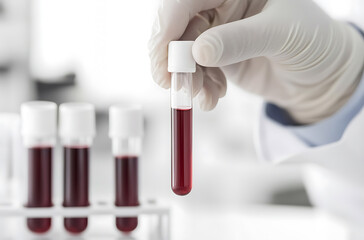 Blood Sample Analysis: A gloved hand carefully examines a vial of blood for medical testing. Further vials stand ready for processing in the laboratory.