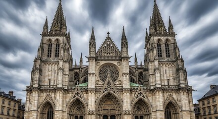 Grand cathedral facade with intricate stone carvings and towering spires under a cloudy sky above france