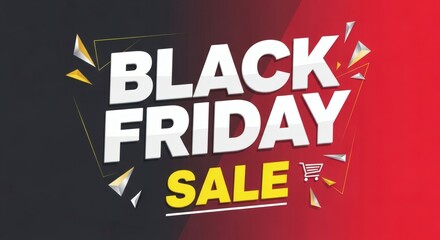 Black Friday Sale promotional graphic with bold text, shopping cart icon, and a split black and red background with geometric accents.