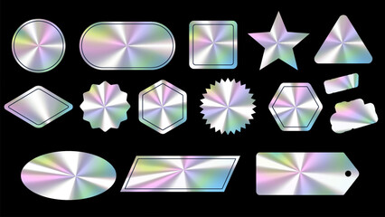 Sticker hologram emblem holographic label set. color neon stickers,Holographic label with tags.Holographic stickers. Hologram labels of different shapes. 