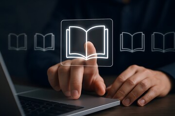 Person interacting with a digital interface displaying an open book icon