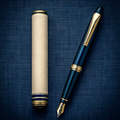 Blue and gold fountain pen with case on blue fabric background.