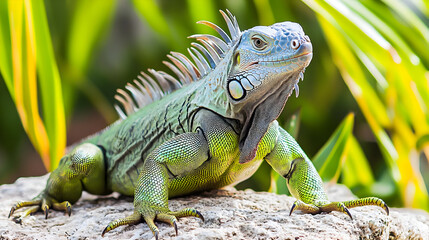 Fototapeta premium Green iguana perched on a rock, surrounded by foliage. Close-up view of scales, spines, and head. Vibrant colors and sharp focus