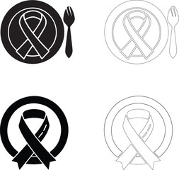 World Food Day vector icons of plates with ribbons and forks in solid and outline styles