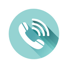 White Telephone Handset Icon with Sound Waves in Turquoise Circle for Call Center Communication Support