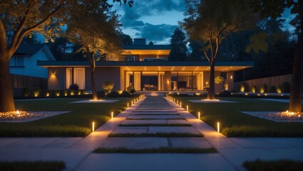 Modern house exterior is shown at night with pathway leading to illuminated glass doors and manicured lawn landscaping in twilight setting.