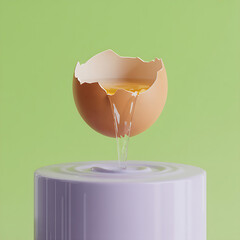 Cracked Egg Pouring Liquid into Glossy Purple Pedestal on Green Background, Fresh Ingredients Concept