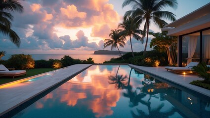 An infinity pool reflects a vibrant sunset sky at a luxury tropical resort near the ocean with palm trees and modern architecture.
