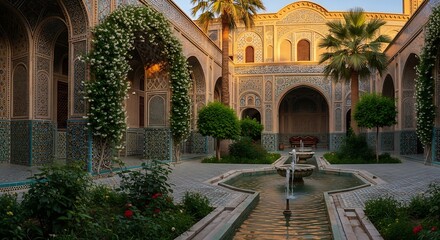 Ornate courtyard with fountain, arches, and intricate tilework in a moroccan style building