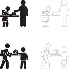 World Food Day Vector Icons of Stick Figures Exchanging Food Trays with Backpacks in Solid and Outline Styles