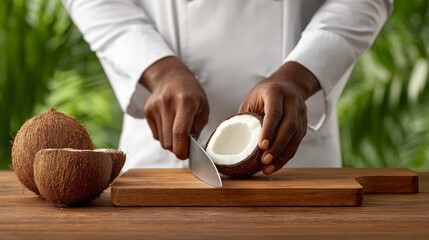 Chef slicing fresh coconut meat in a tropical kitchen healthy cuisine vibe with knife and fresh fruit