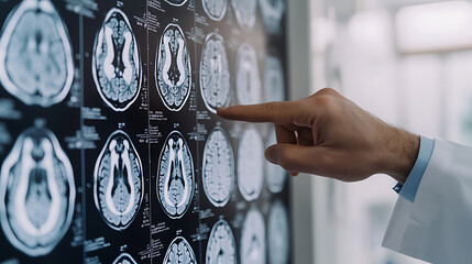 A hand points to a series of brain scans, showcasing neurological images. Medical professional reviews patient data in a clinical setting. Imaging technology.