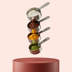 Floating Measuring Cups with Assorted Powders on Terracotta Pedestal, Kitchen Baking Essentials