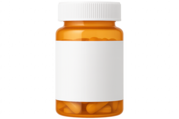 Orange plastic pill bottle with blank label containing orange capsules on transparent background