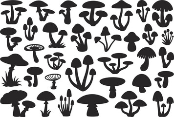 Mushroom silhouettes, fungi collection, botanical illustration set, nature graphic elements, black and white vector, educational drawing, cad artwork
