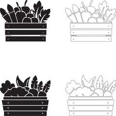 World Food Day Vector Icons of Wooden Crates Filled with Carrots Peppers Broccoli and Leafy Greens in Solid and Outline Styles