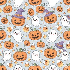 Seamless Pattern of Cute Ghost Pumpkins