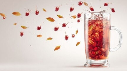 A cup of red tea, with hawthorn berries floating in it and falling leaves swirling around the glass