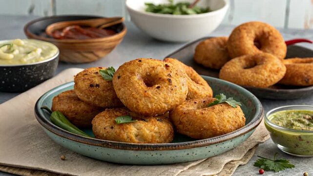 crispy golden vada snack food, traditional south indian snack video