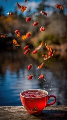 A cup of red tea, with splashes of berries floating in the air, surrounded by falling leaves