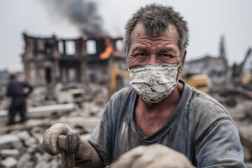 A man wearing mask working on the street with fire on the building background
