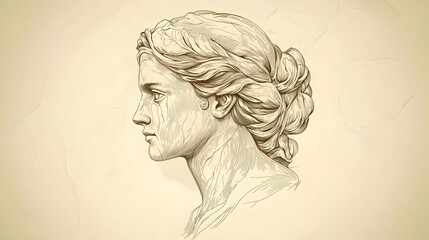 Fototapeta premium Profile view of a woman's head, reminiscent of classical sculpture, with flowing hair styled in a bun. Detailed, elegant lines, light beige tones