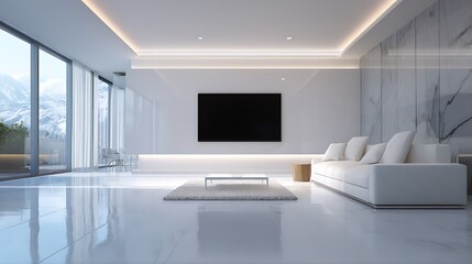 Modern minimalist interior with big TV, television set in living room .