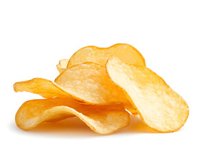 Stack of golden potato chips, crispy and salty, isolated on a white background. Classic snack for parties, gatherings, or simply a tasty treat.